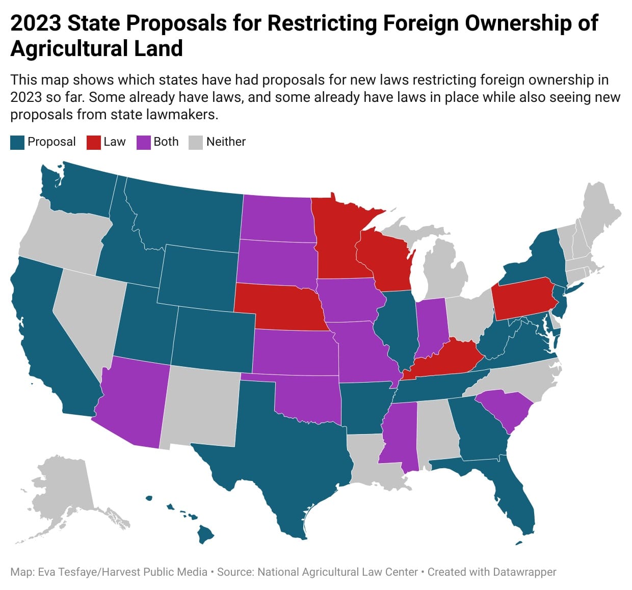 A map of United States shows many states have proposed to restrict foreign ownereship of agricultural land