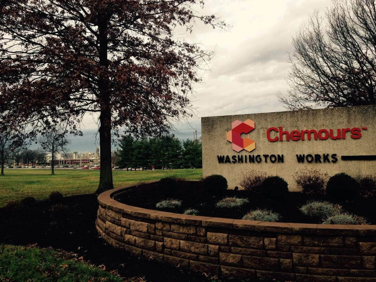 An office sign for Chemours Washington Works
