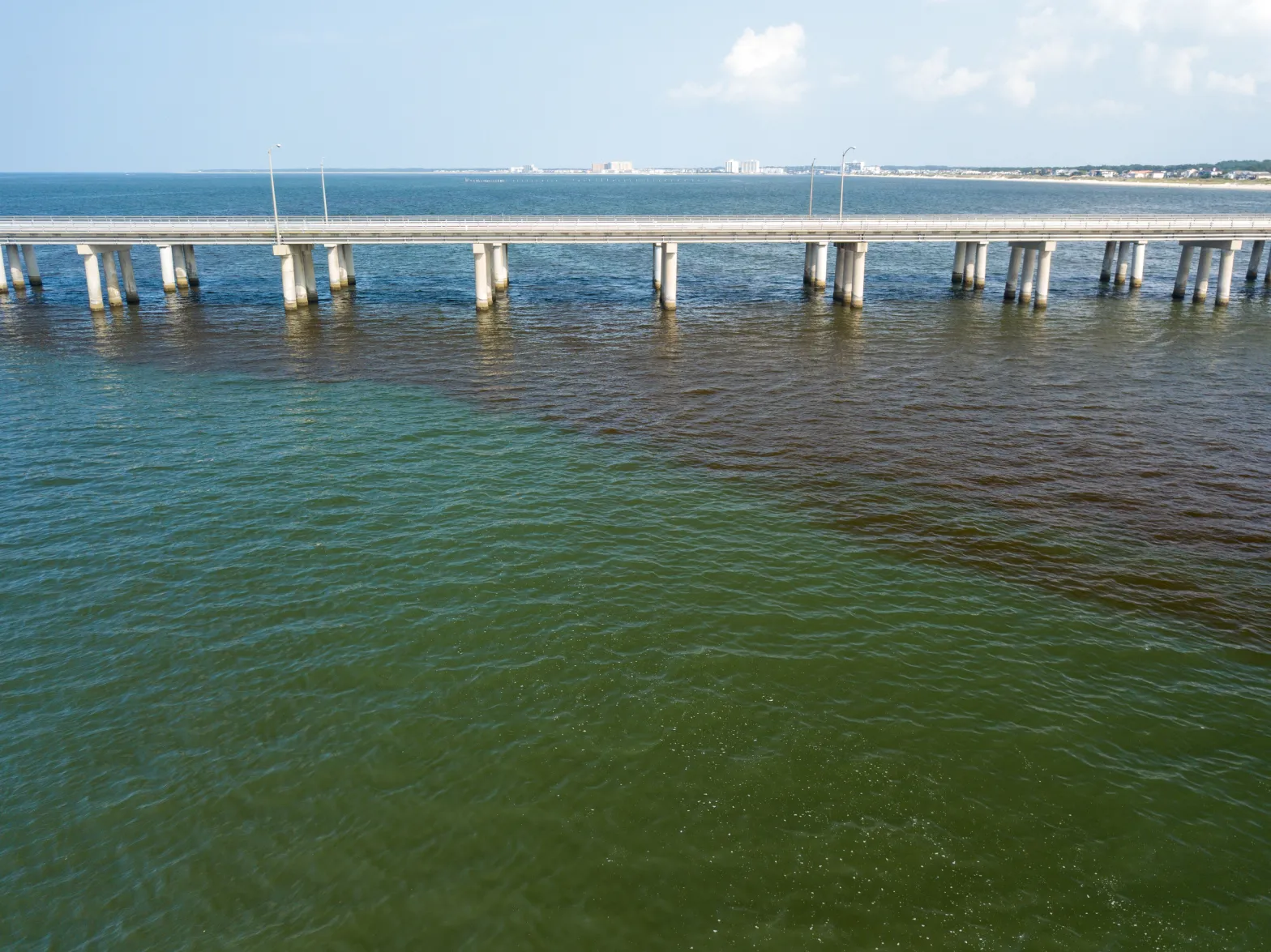 Green algal bloom spreads across the water near the Chesapeake Bay Bridge-Tunnel in Virginia.