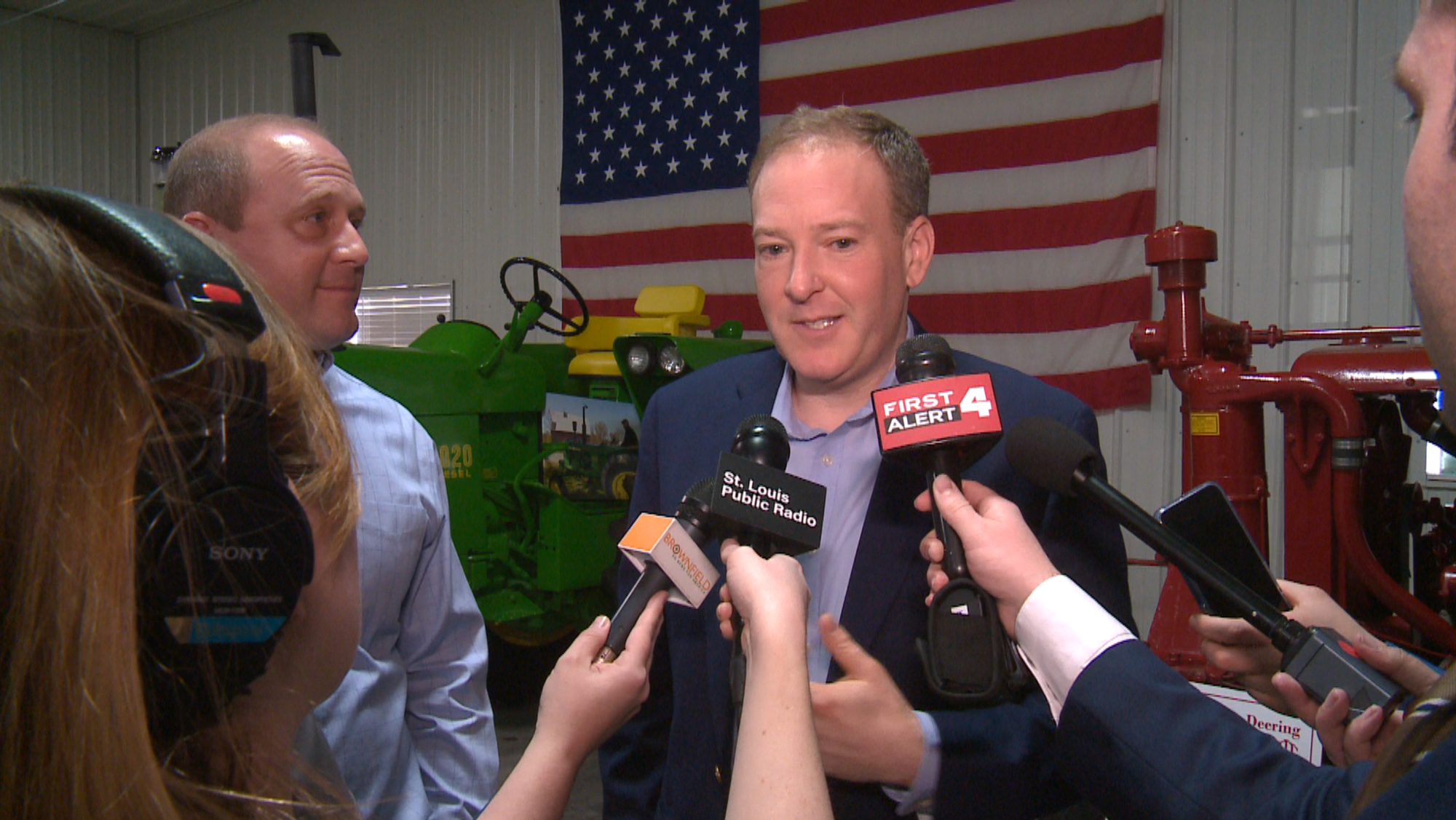 EPA administrator Lee Zeldin fields questions from reporters as part of a visit to a farm outside St. Louis, Mo.