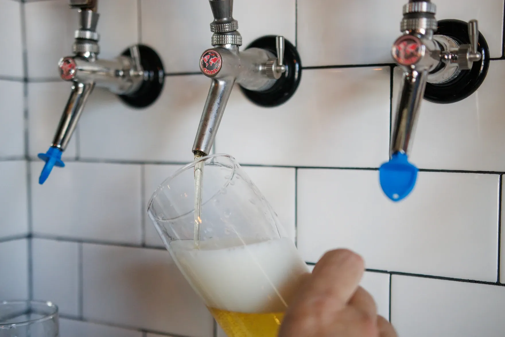 A glass is filled with Kernza beer from a tap.