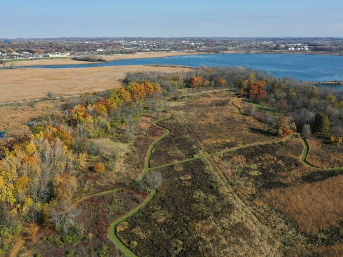 Aerial view of Mississippi River in fall