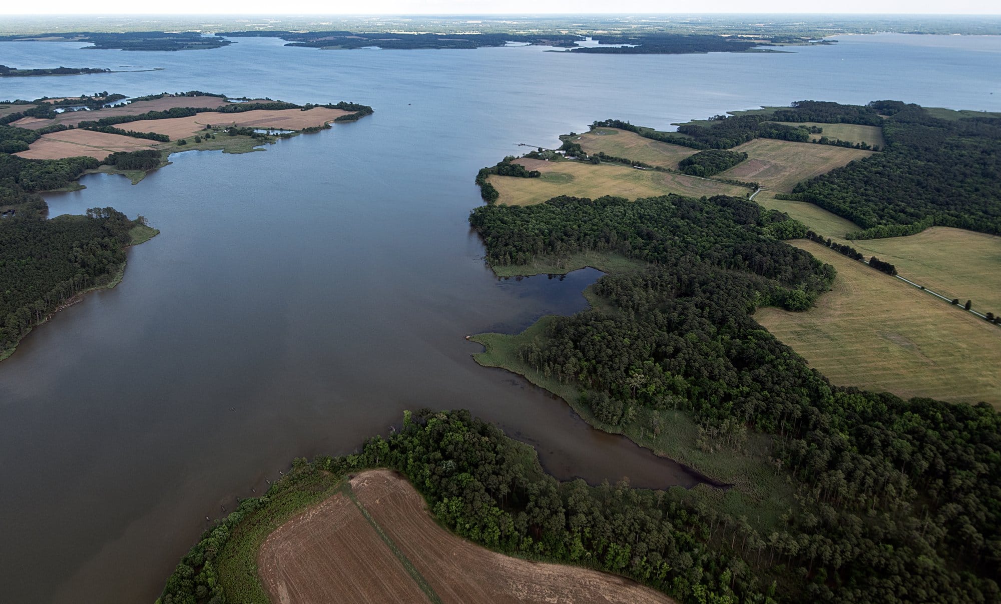 An aerial view of the Chester River and Chesapeake Bay south of Rock Hall, Maryland.