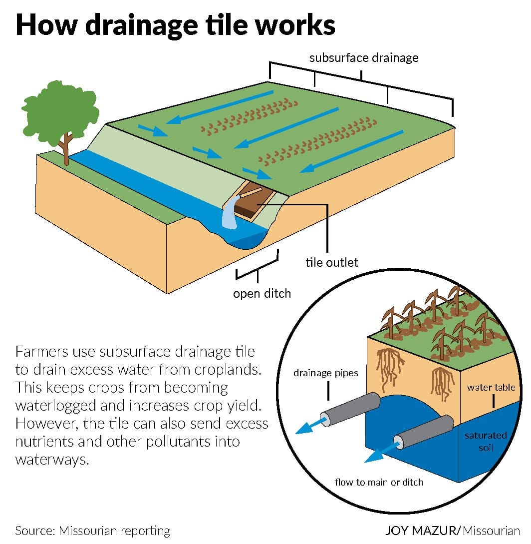 Diagram showing how underground drainage pipes, remove excess water from cropland and carry it into an open ditch.