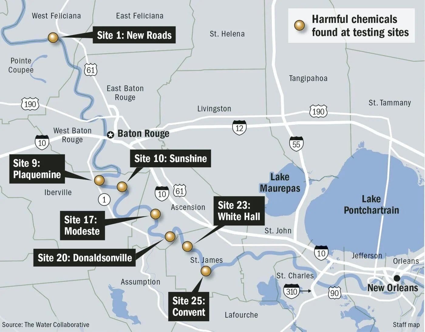 map of harmful chemicals testing sites along a portion of the river