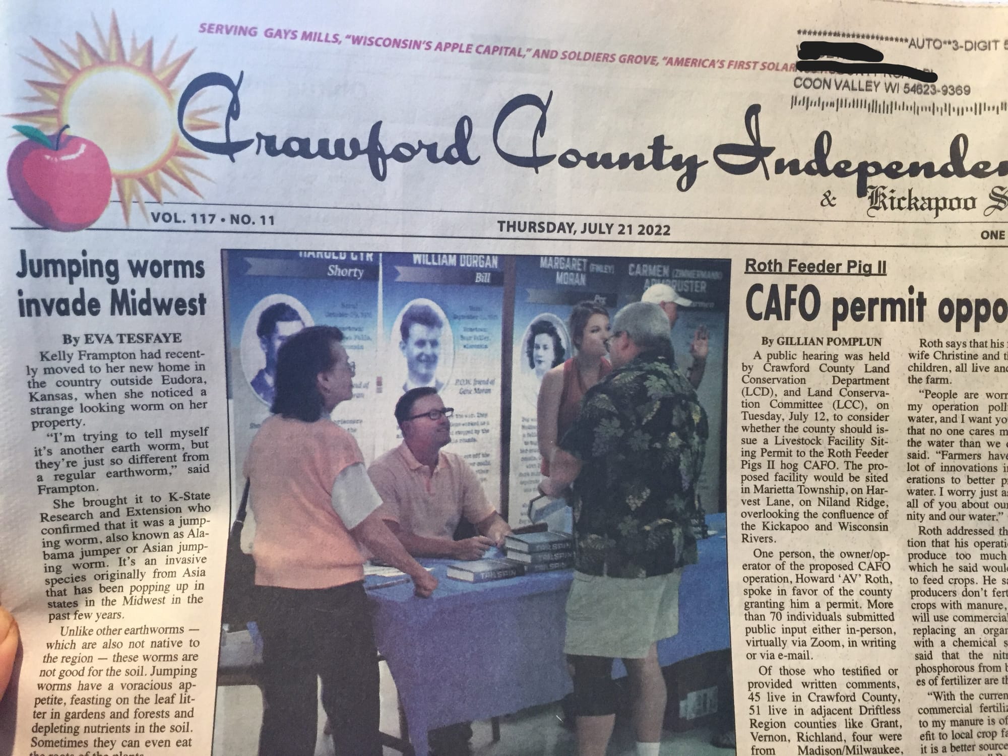 The front page of the Crawford County (Wisconsin) Independent on July 21, 2022, featuring a story about invasive jumping worms by Ag & Water Desk reporter Eva Tesfaye.