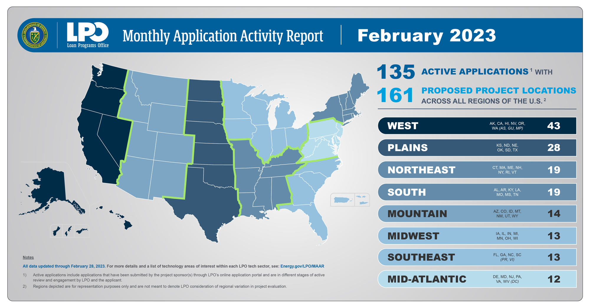 U.S. Department of Energy map showing 135 active applications and 161 proposed project locations across U.S. regions as of February 2023.