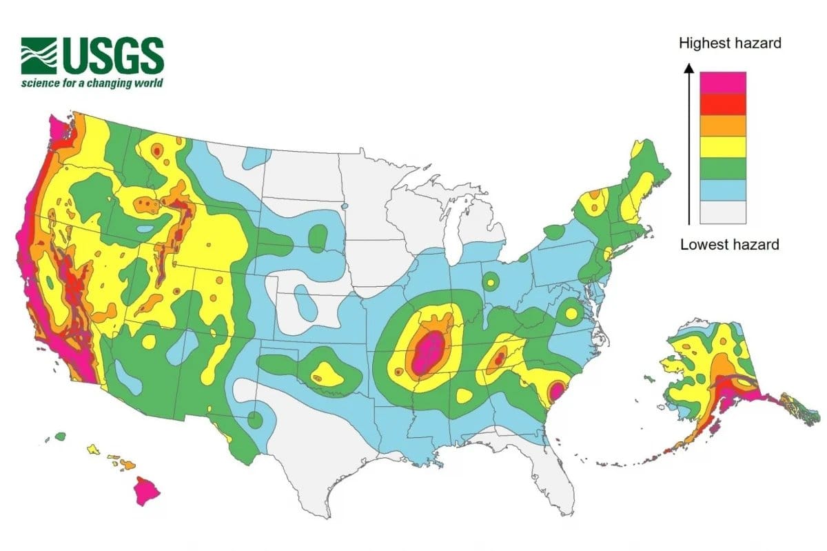 Map of the U.S. from lowest to highest hazard risk. Pink designates highest risk, and a bubble forms around Southeast missouri, northeast arkansas, east kentucky, and east tennessee