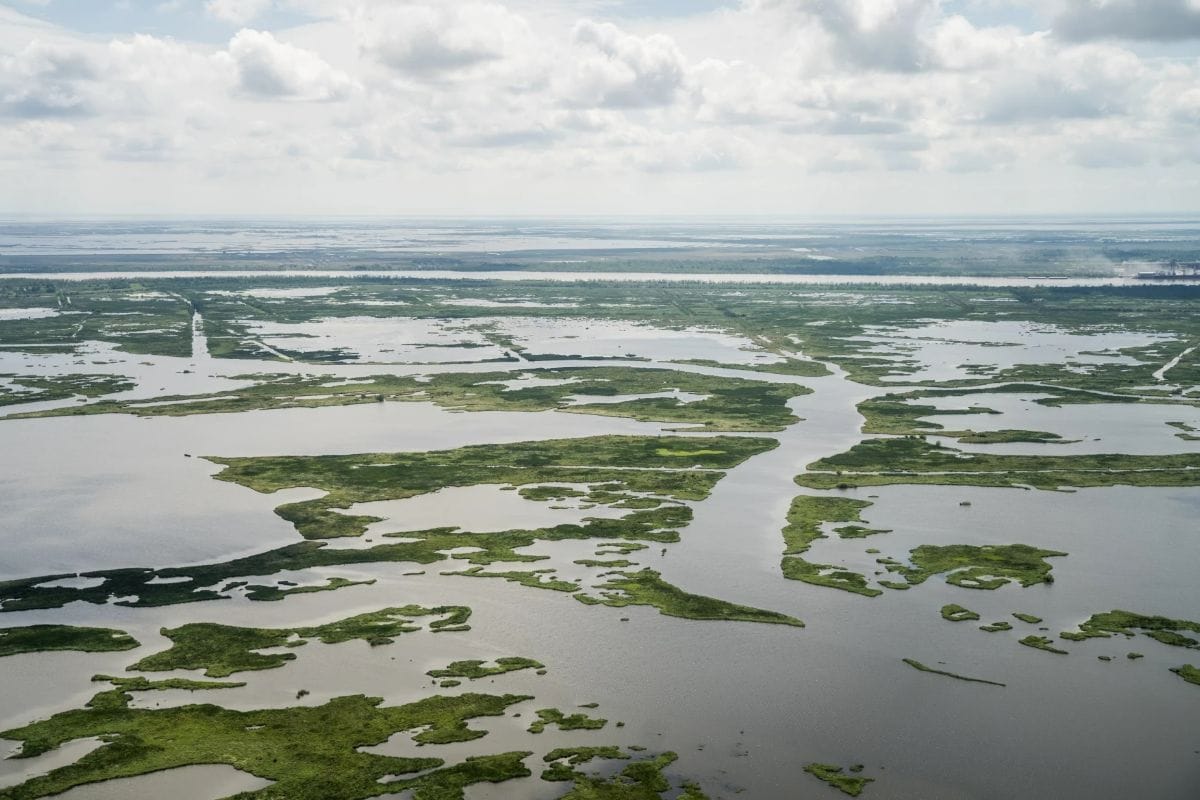 An aerial view of broken wetlands sinking into coastal waters in Plaquemines Parish, south Louisiana.