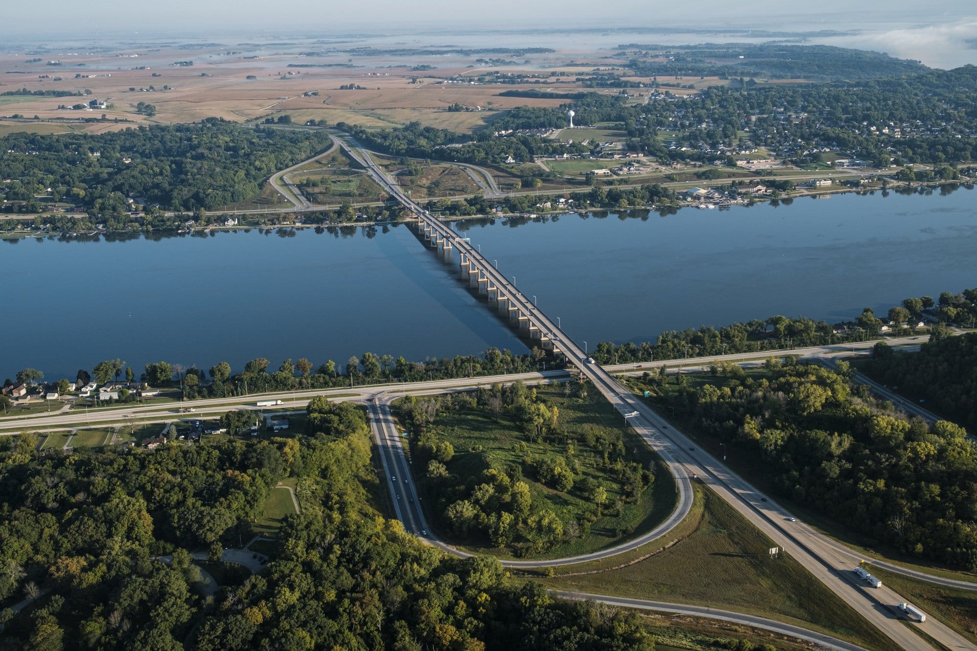 Interstate 80 passes over the Mississippi River in an aerial photo.