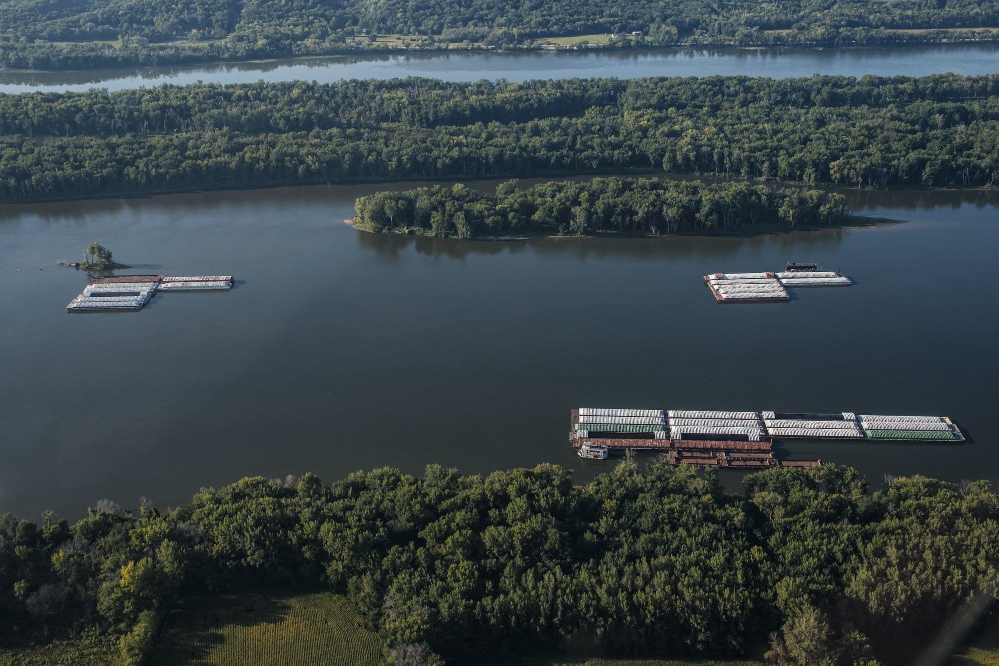 Barges on the Mississippi River near the Quad Cities.