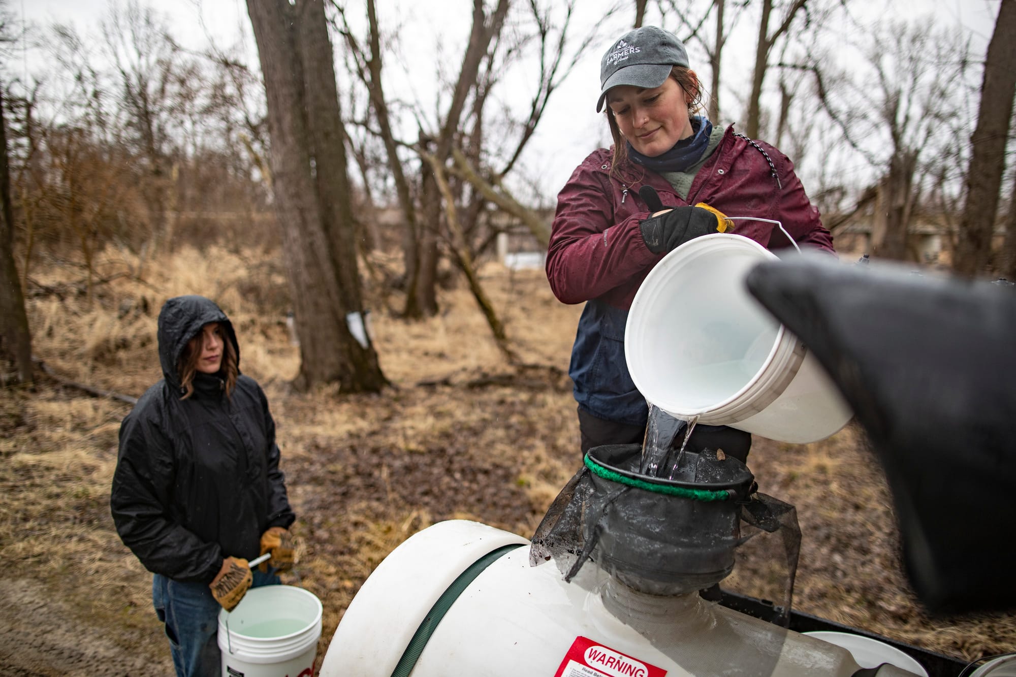 two women pour maple sap into a tank
