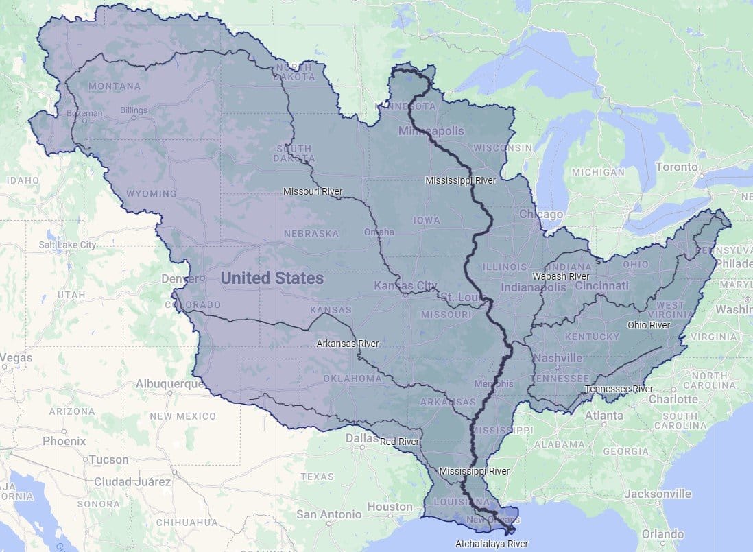 Map of the Mississippi River basin across the central United States, showing the Mississippi River and major tributaries, including the Missouri, Arkansas, Red, Ohio, Tennessee, Wabash and Atchafalaya rivers.