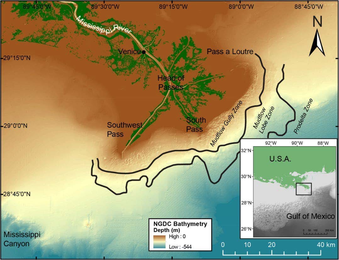 Map of bathymetry depth around three zones at the edge of the Missisippi River's delta