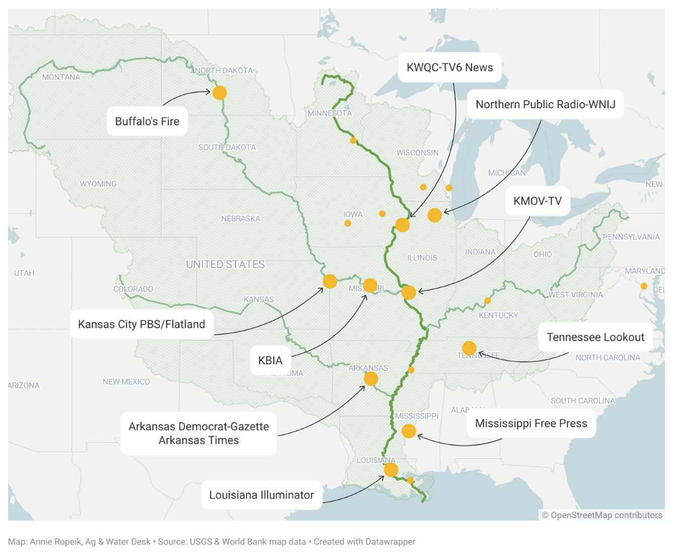 A map of the Mississippi River basin and partner newsrooms