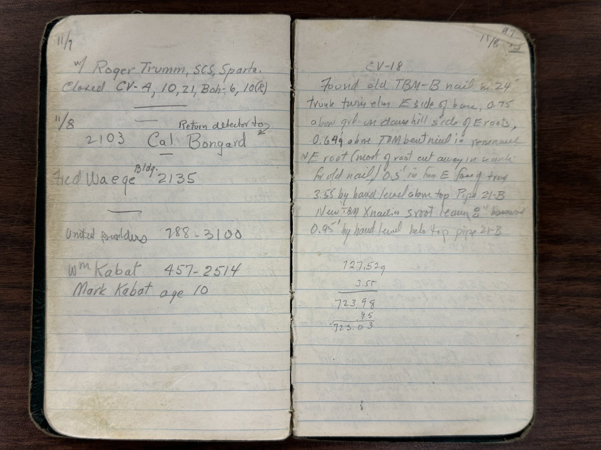 Page of handwritten notes in an old field journal with names, phone numbers, addresses, and notes