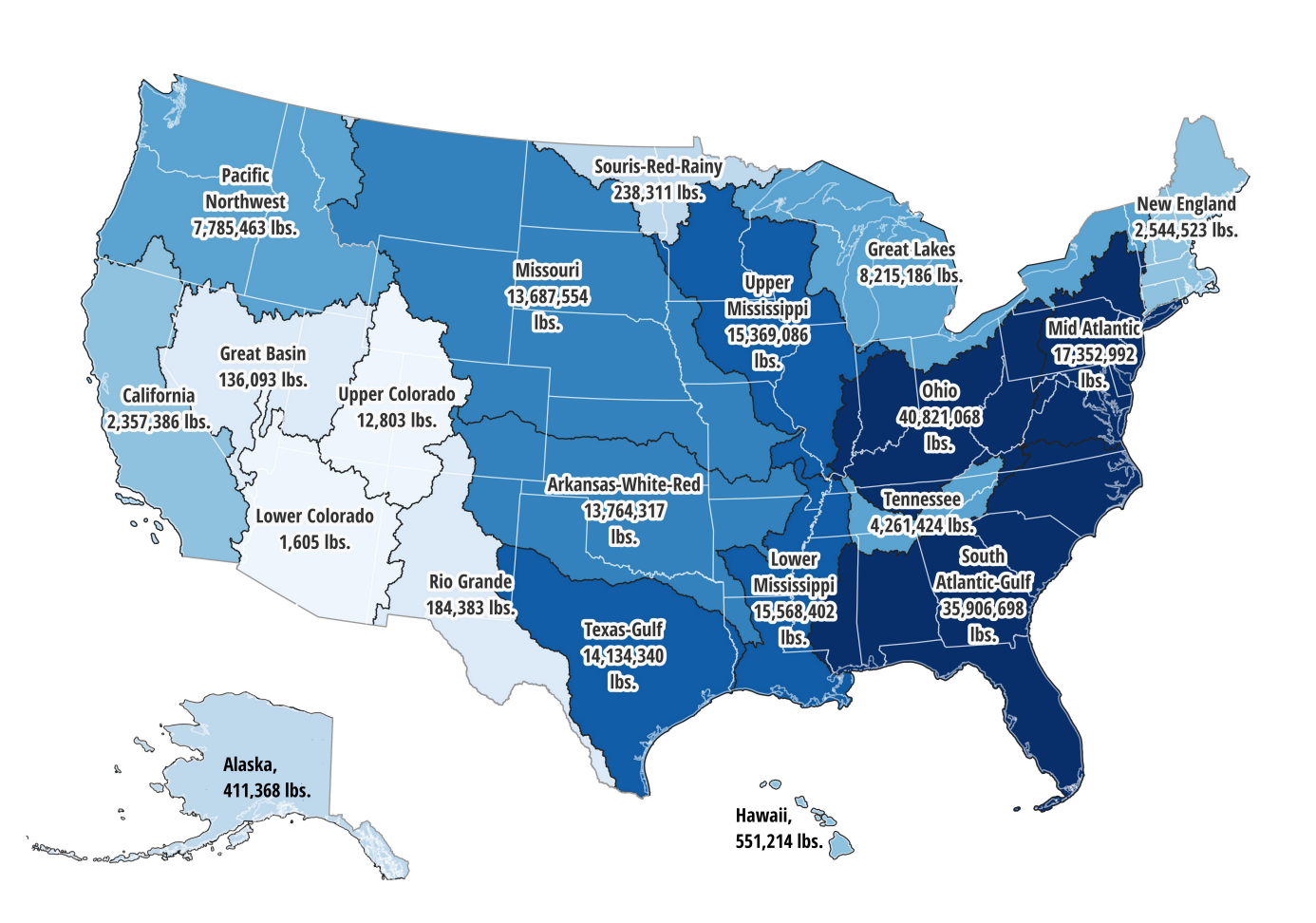 Map of the United States showing the amount of toxic substances released into watersheds across different regions in 2020, with higher releases concentrated in several eastern and central watersheds.