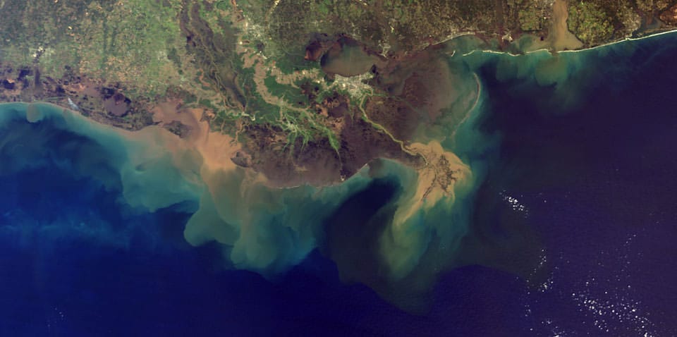 A satellite image of the dead zone in the Gulf of Mexico