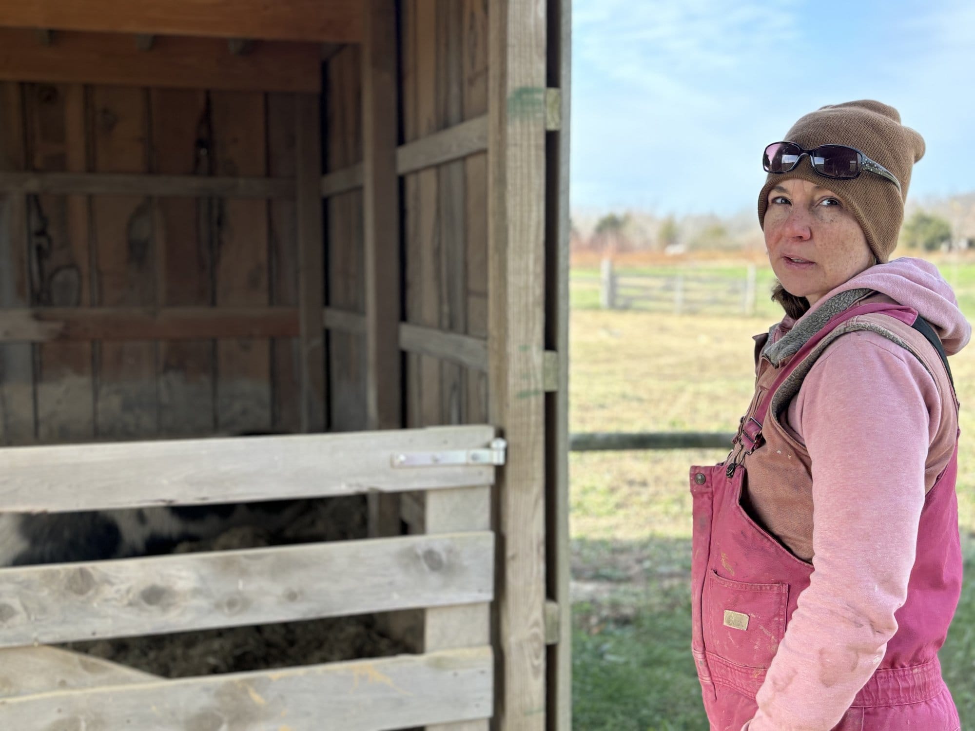 Jennifer Duensing stands in front of a pig pen on her farm in Prairie du Rocher, Illinois.