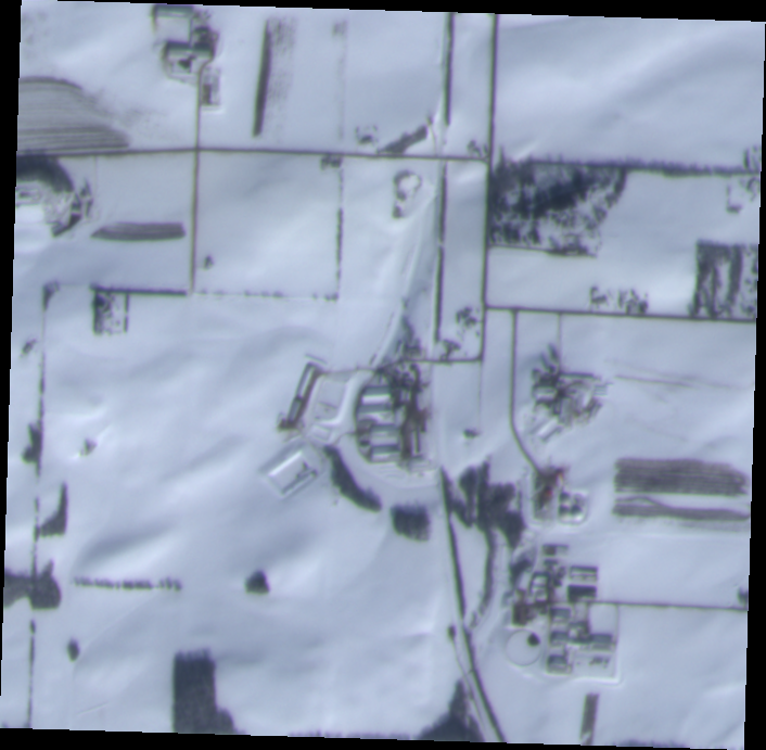 A satellite image of a snowy landscape with brown regions in the fields