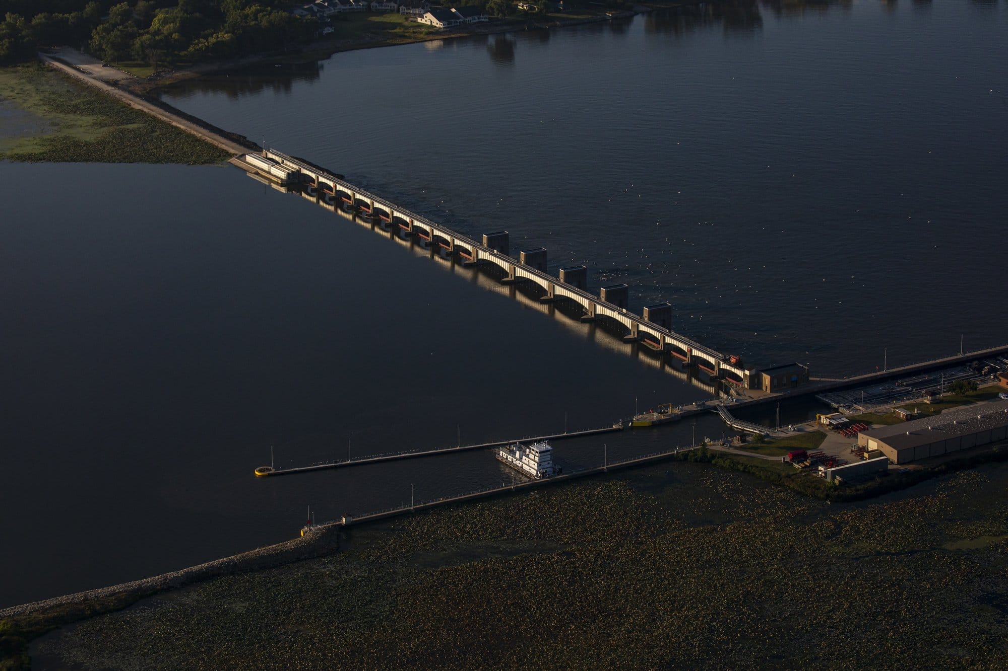 An aerial view of the Lock and Dam 14 on the Mississippi River.