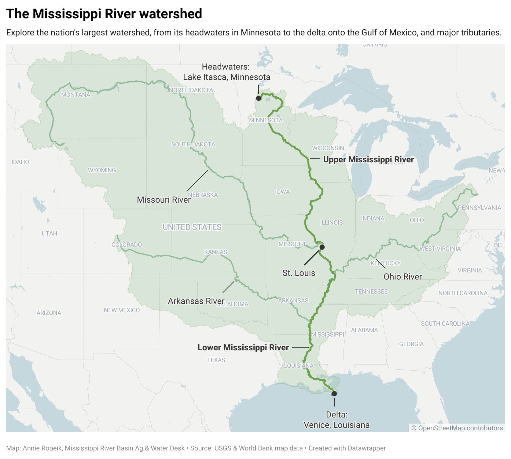 Map of the mississippi river watershed from the headwaters in minnesota to the delta onto the Gulf of Mexico, and major tributaries
