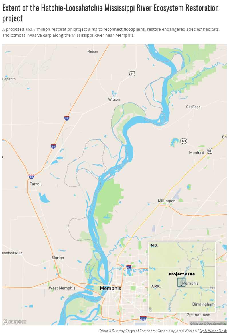 Map of the Mississippi River north of Memphis, highlighting several proposed restoration areas along the river and surrounding floodplains.