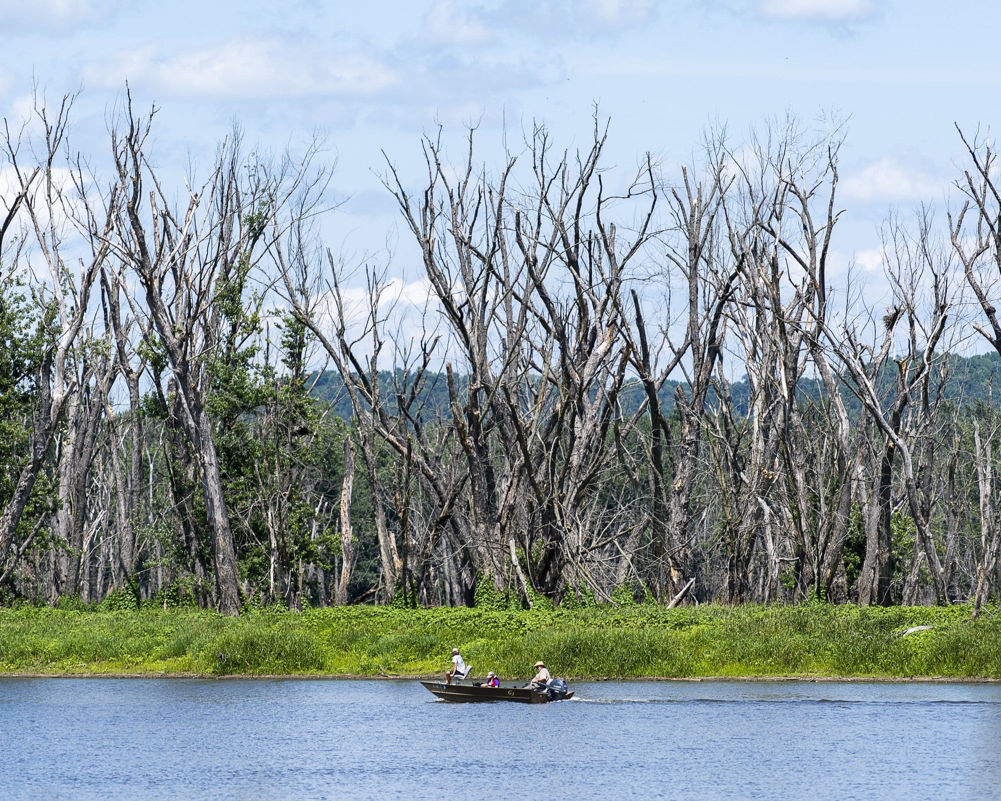 Caption: People fish at Reno Bottoms, a wildlife area in the backwaters of the Mississippi River, on July 18.
