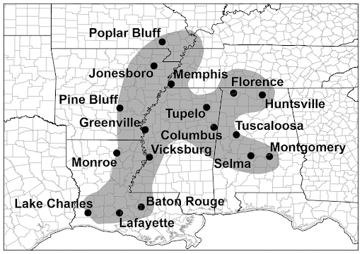 Map of the southeastern United States showing NOAA’s tornado study area.