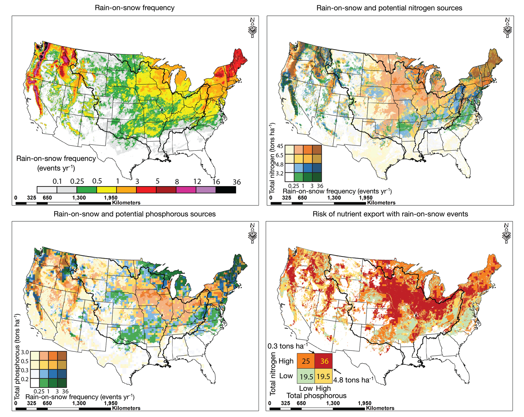 Four maps of the United States show areas where nutrient-rich landscapes and increased rain-on-snow events overlap, indicating regions at greater risk of runoff pollution.
