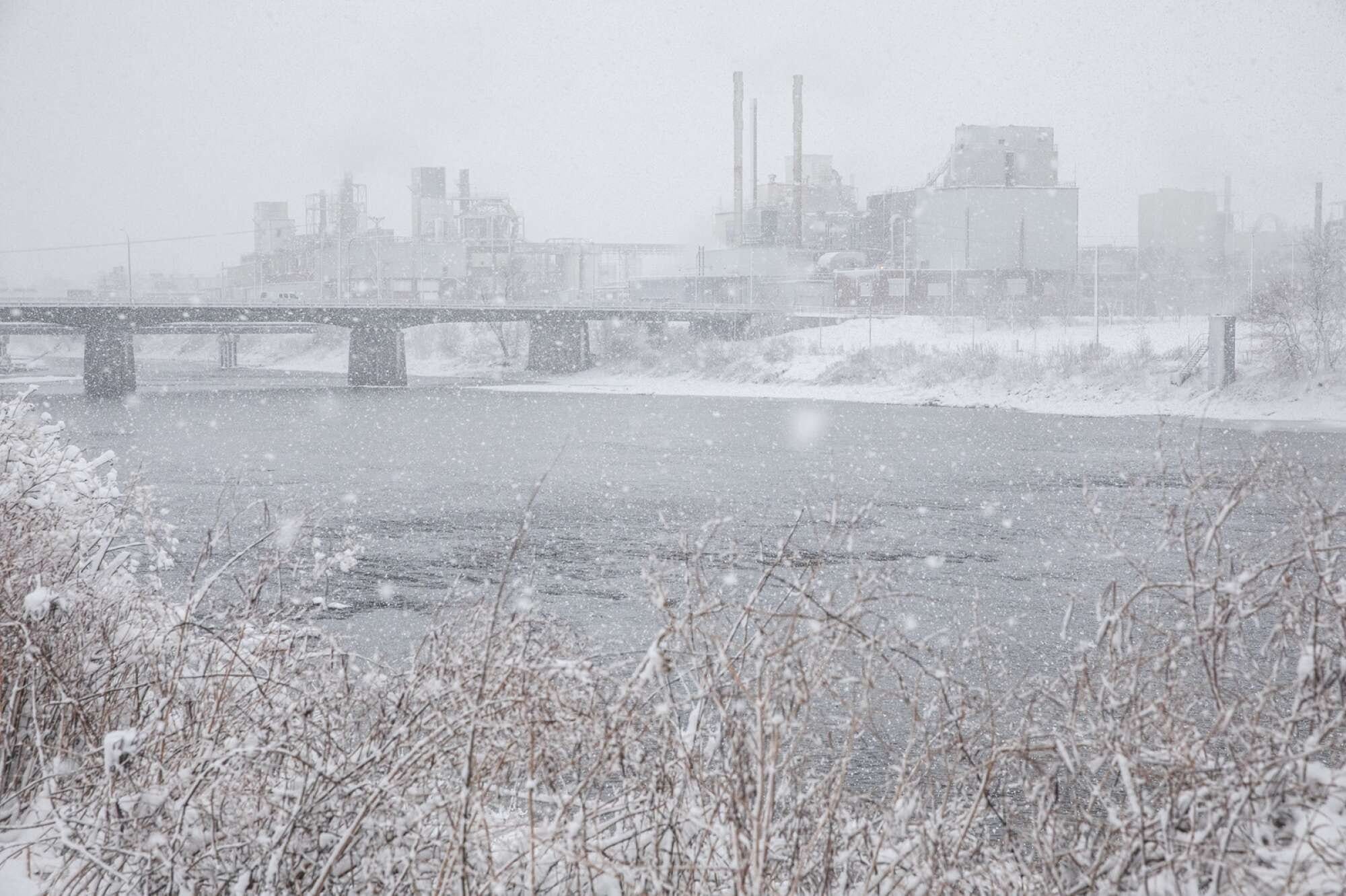 A view of the Cedar River as snow fell in Cedar Rapids, Iowa on Tuesday, Jan.