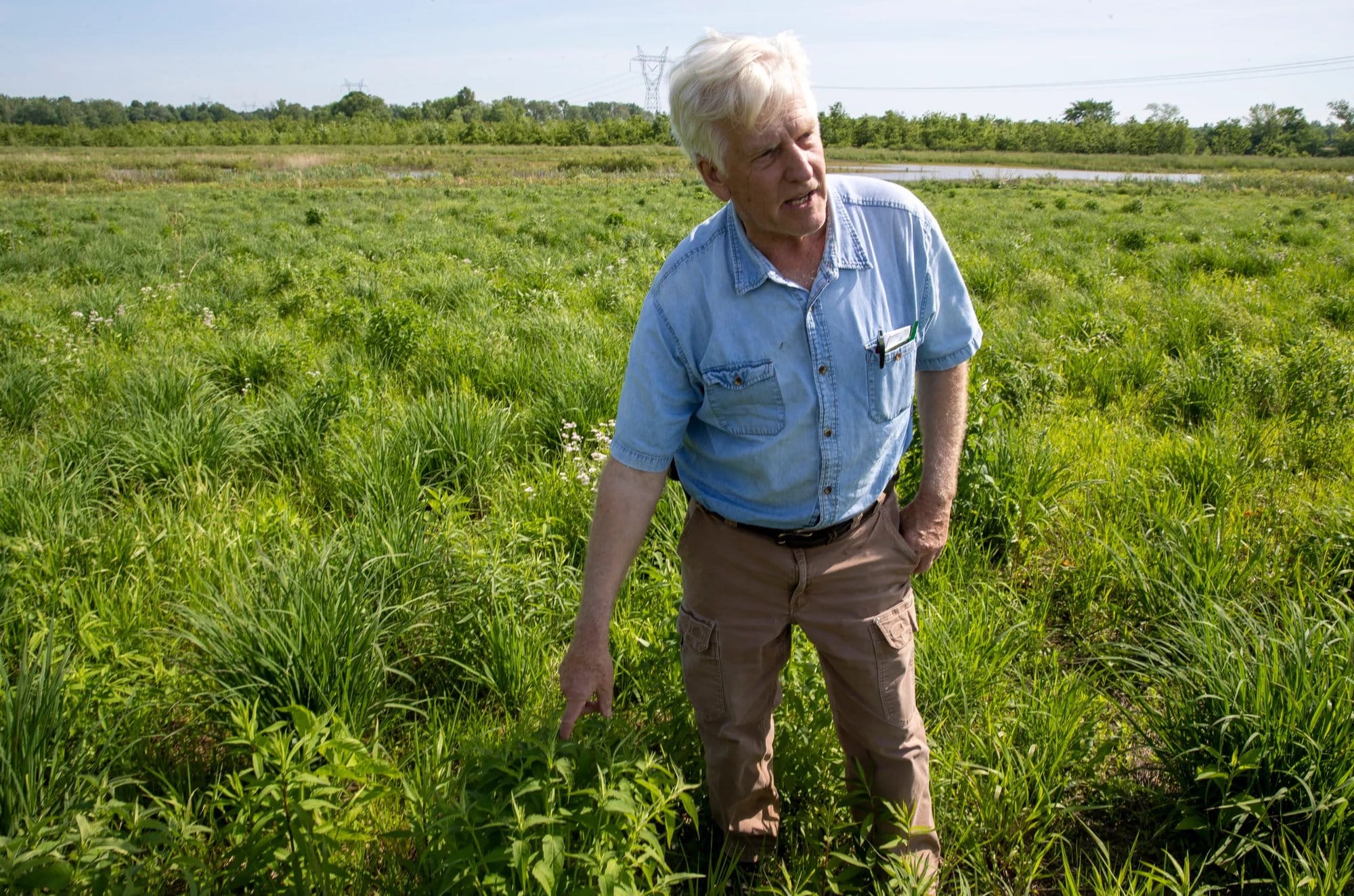 Farmer and conservationist Ray McCormick stands in a farm field, pointing toward the crops while speaking with someone nearby.