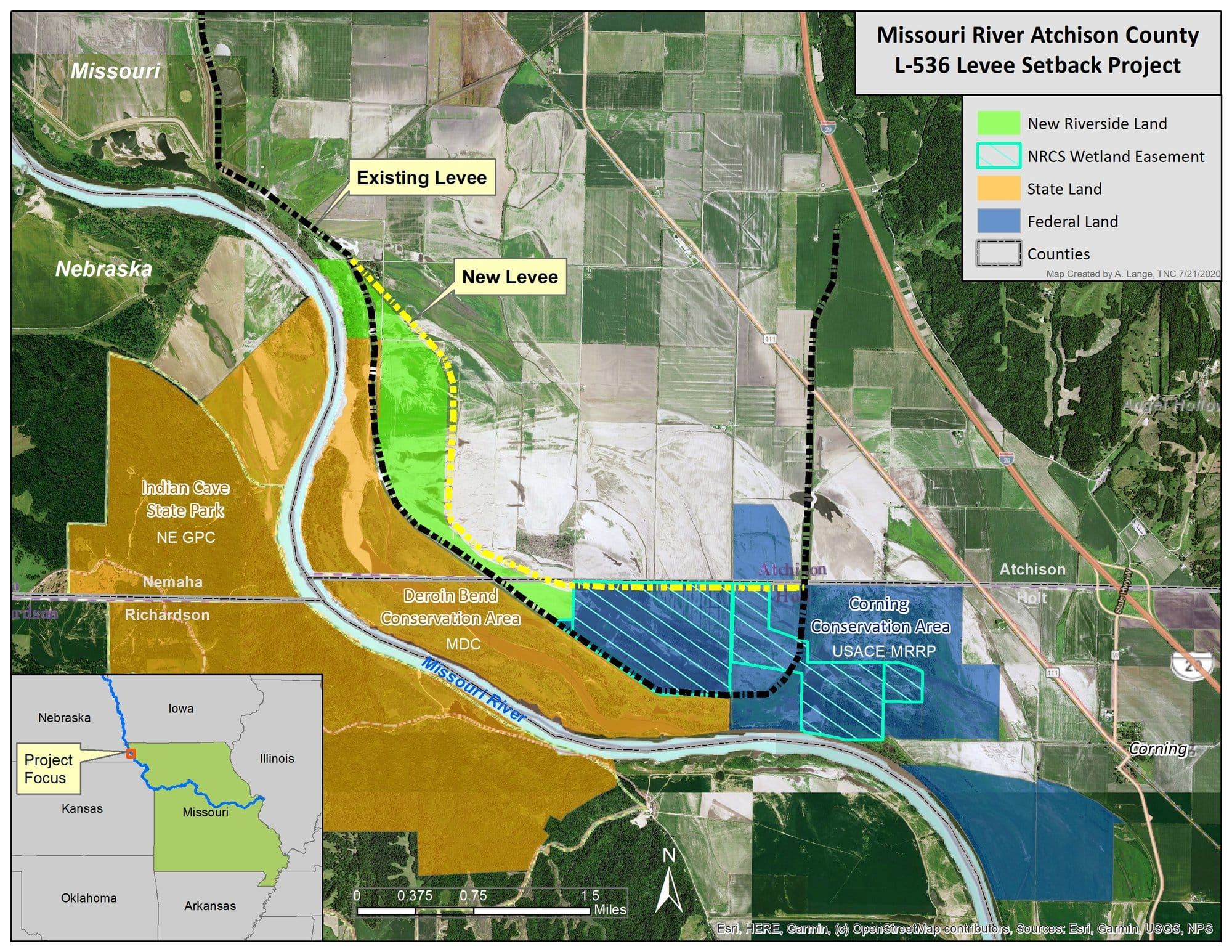 A map of the Atchison County Levee Setback Project shows where the previously existing levee was removed and a new levee built to open up new riverside land, reconnecting 1,040 acres of flood plain. 