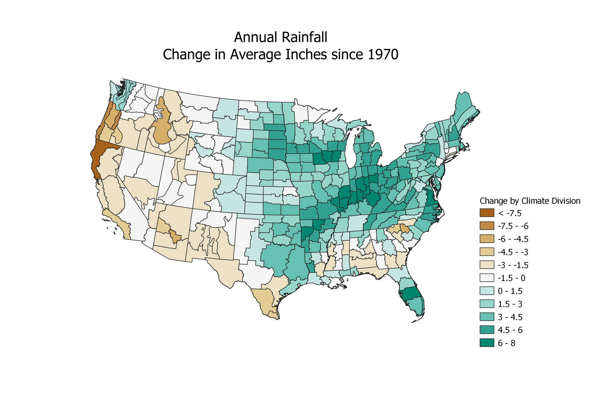 A map of annual rainfall change in average inches since 1970 in the United States. It shows that rainfall has increased by up to 8 inches on the eastern half of the country.