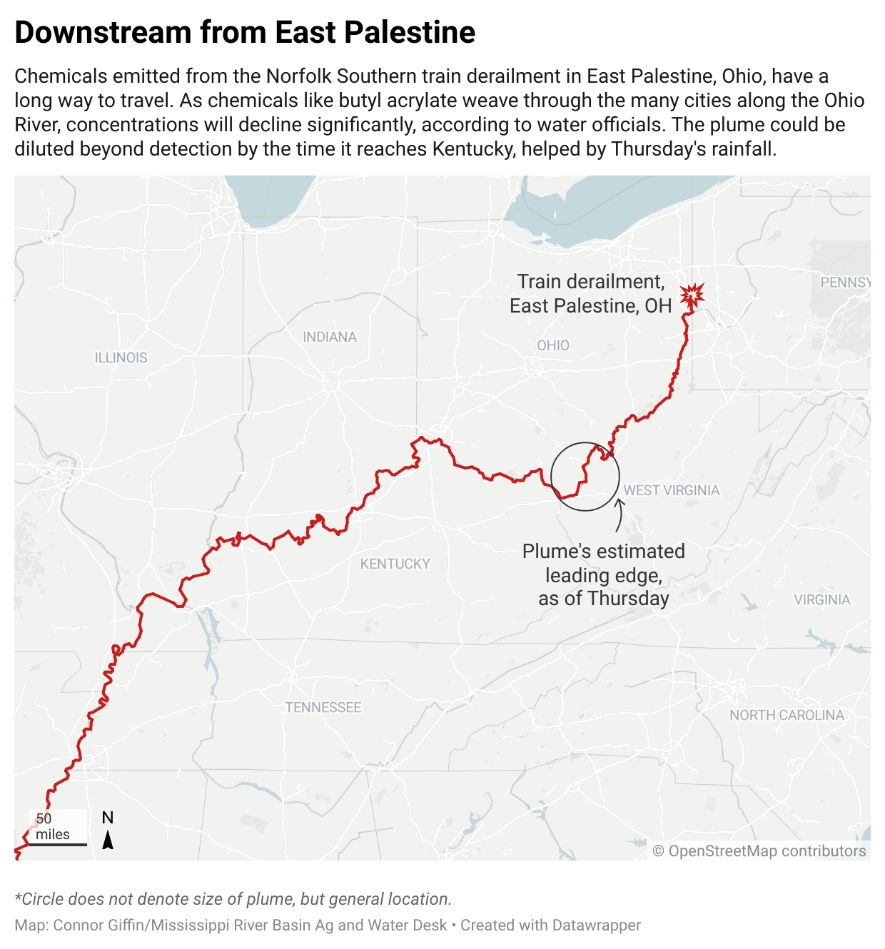 A map shows the downstream path from the East Palestine derailment