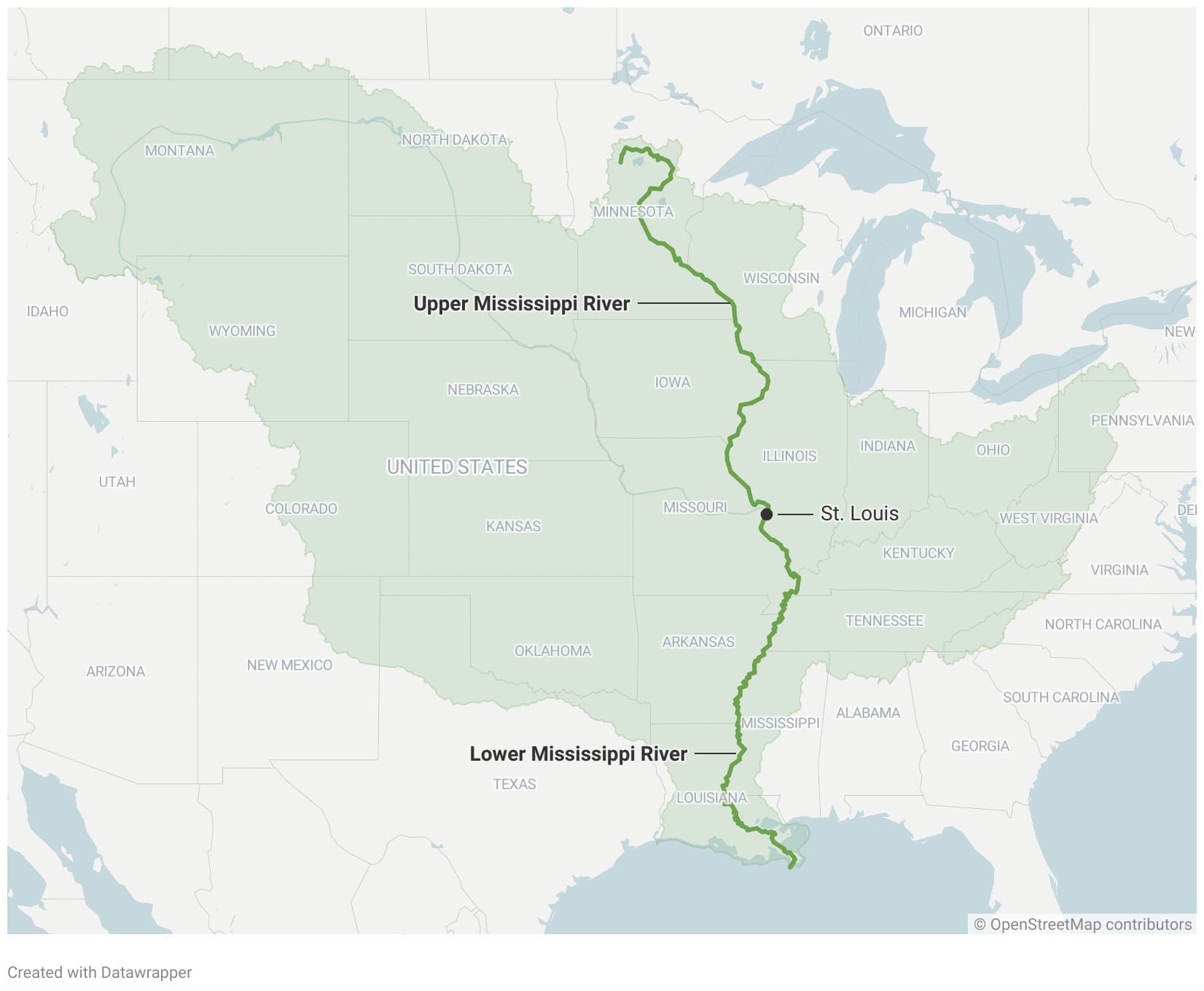 Map of the Mississippi River basin showing the river from northern Minnesota to the Gulf of Mexico. St. Louis marks the division between the Upper and Lower Mississippi River, with the surrounding watershed shaded in green.