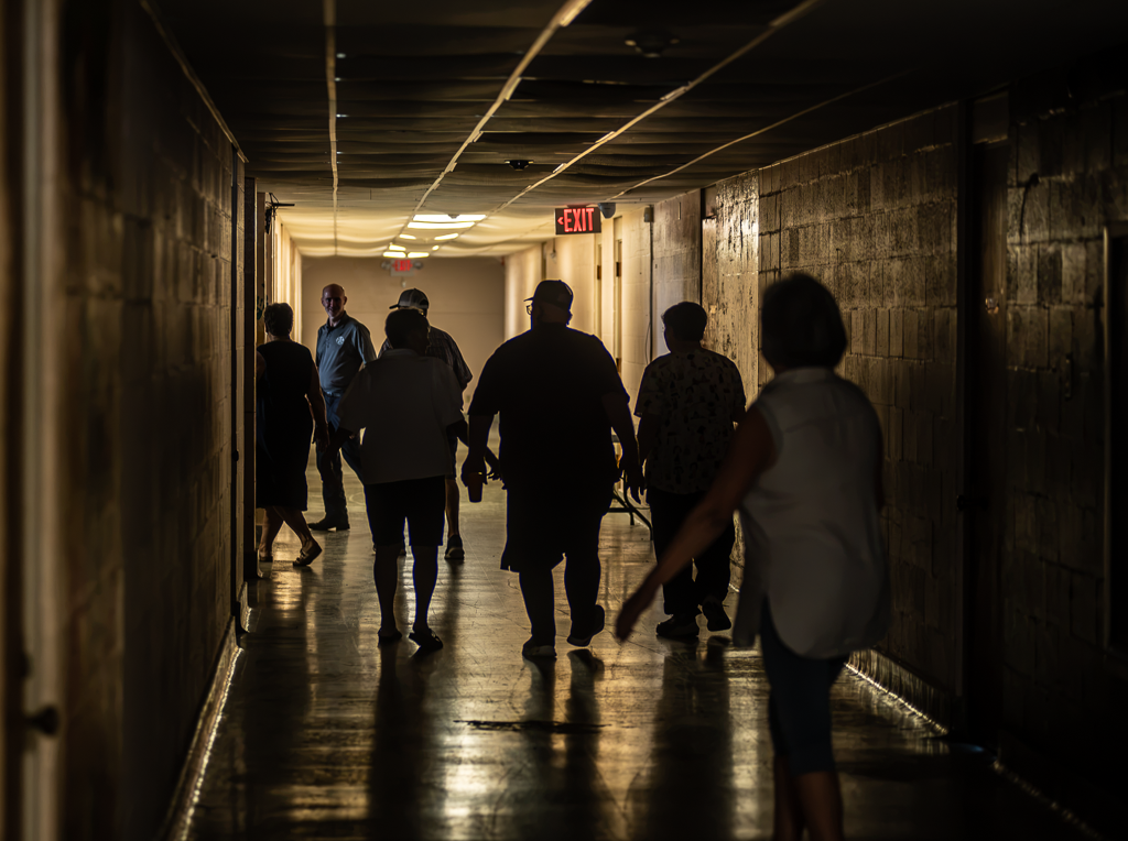 Residents of Pecan Island file out a dark school hallway after a meeting with SpaceX