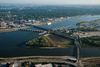 Lock and Dam 15 in the Quad Cities of Iowa and Illinois is seen from above on the Mississippi River 