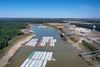 An aerial view of barges, stranded by low water at the Port of Rosedale along the Mississippi River.