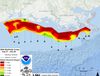 A map of the gulf of Mexico shows 2024 Shelfwide bottom dissolved oxygen from <1 mg/L to >5 mg/L. Most of the areas is dark red, red, or orange, indicating low levels of dissolved oxygen