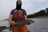 A man in a USGS hat stands on a boat holding a black carp