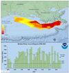 NOAA map showing the Gulf of Mexico hypoxic zone off Louisiana, with red indicating bottom-water oxygen below 2 mg/L. A chart below shows the annual size of the hypoxic zone from 1985 to 2023