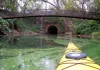 View from a yellow kayak on green, algae-covered water beneath a pedestrian bridge, facing a dark tunnel surrounded by trees.
