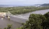 An aerial view of the Mississippi River and the historic Black Hawk Bridge.