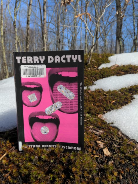 Mattilda's book Terry Dactyl, featuring a hot pink cover with open mouths and floating pills made of diamond. It is a library copy with a sticker on the cover, and is placed in an early spring landscape, poised on some moss and melting snow, blue sky and bare trees behind.