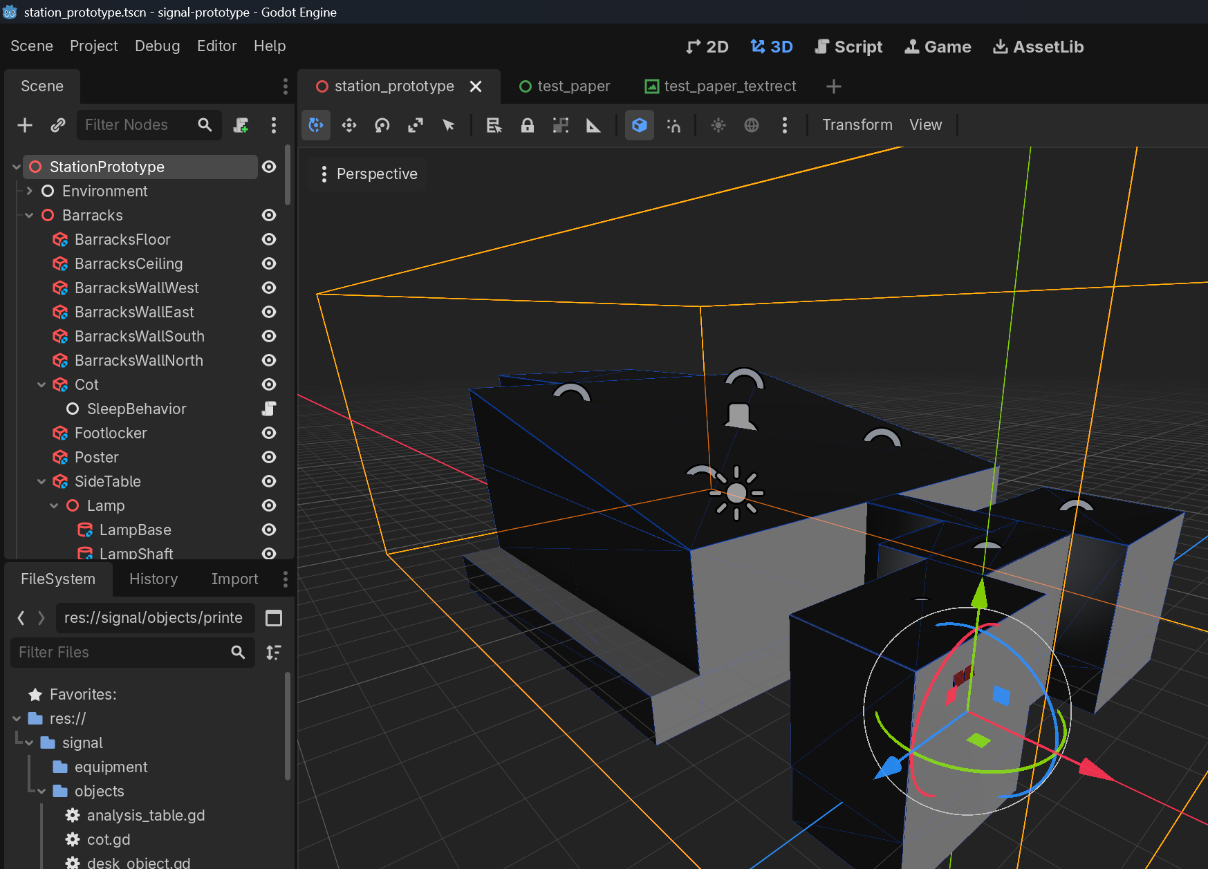 A screenshot of the Godot editor with the Signal prototype open. It shows a picture of a campus with four rooms from afar.