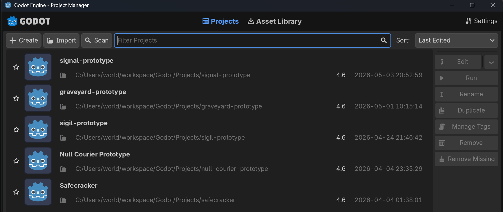 A screenshot of the Godot Project Manager filled with several prototype projects, named Signal, Graveyard, Sigil, Null Courier, and Safecracker.