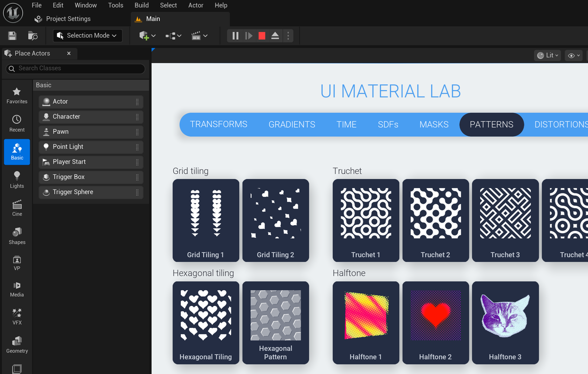 A screen capture from the UI Material Lab example project in Unreal that shows of several material effects for Unreal Motion Graphics.