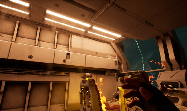 A view of the interior of the spaceship cabin, in full disaster mode. There are several holes in the ship venting air, the seats are on fire, and lightning is visible outside the canopy.