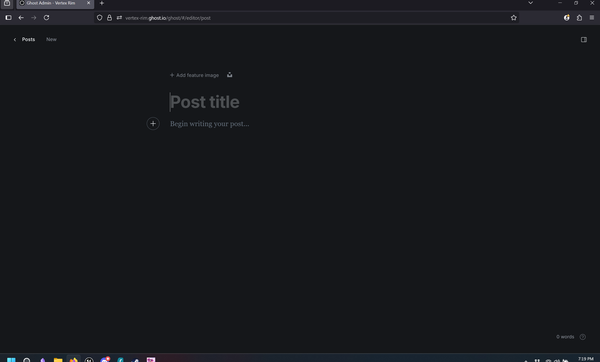 A blank "create new post" UI within ghost.io for creating new blog posts. I stare at this screen a lot more than I'd like.